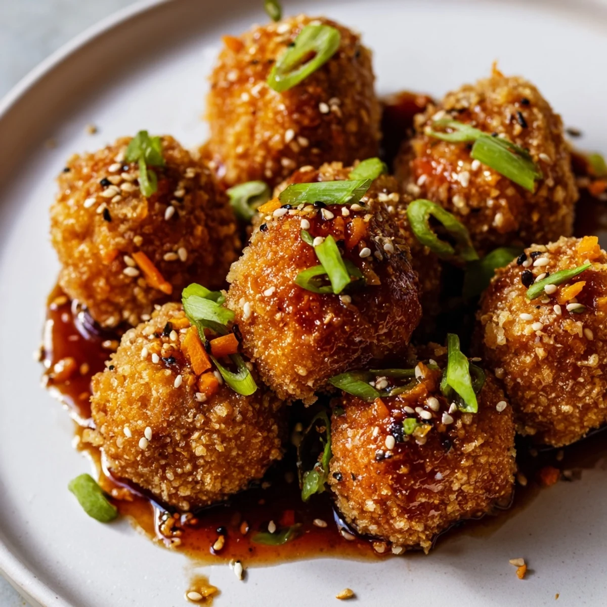Crispy baked sweet chili tofu balls arranged on a white plate glistening with tangy red glaze