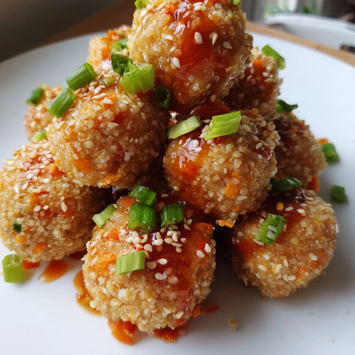 Golden brown sweet chili tofu balls coated in glossy red sauce and sprinkled with fresh scallions and sesame seeds