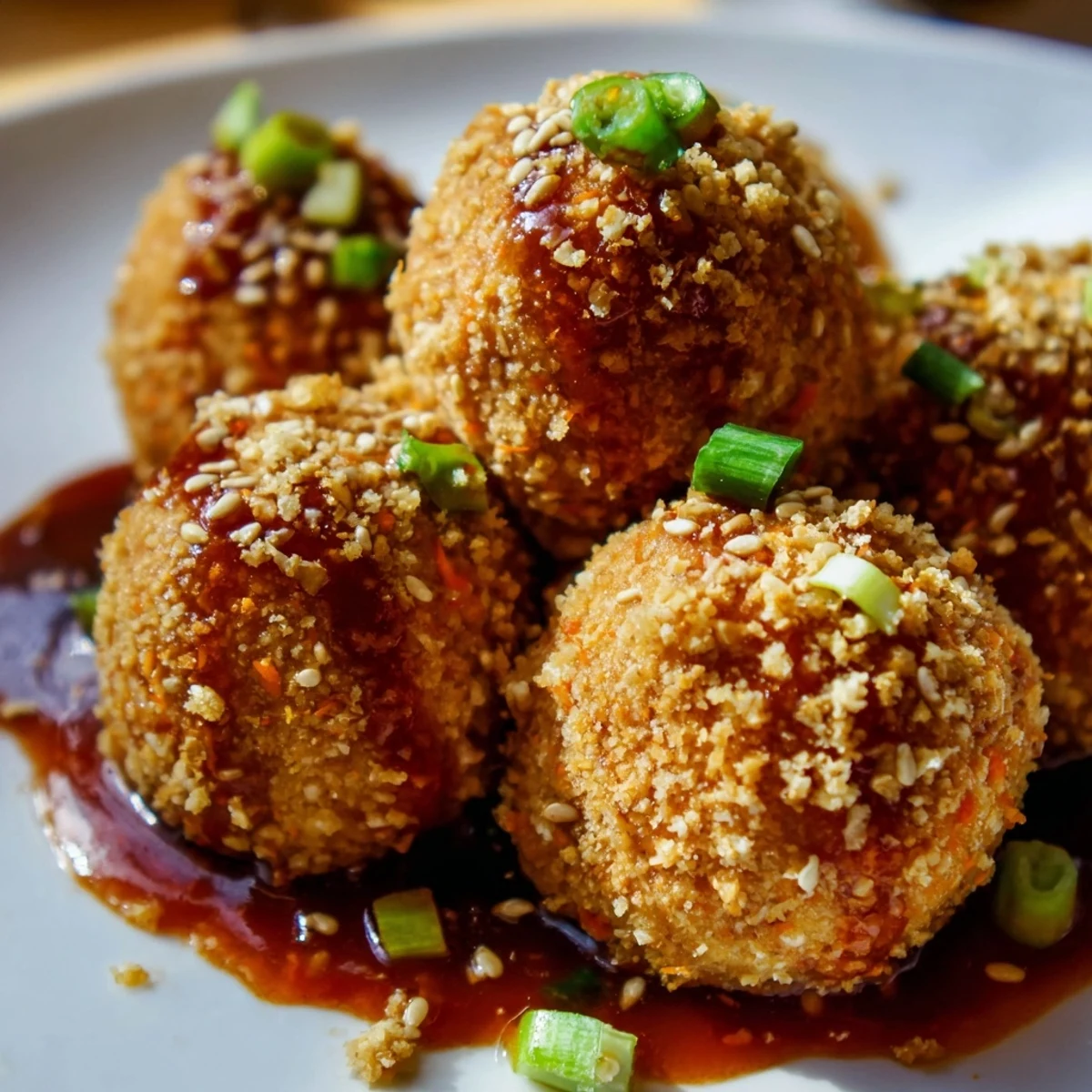 Vegan sweet chili tofu balls tossed in sticky sweet sauce and garnished with green onion slices