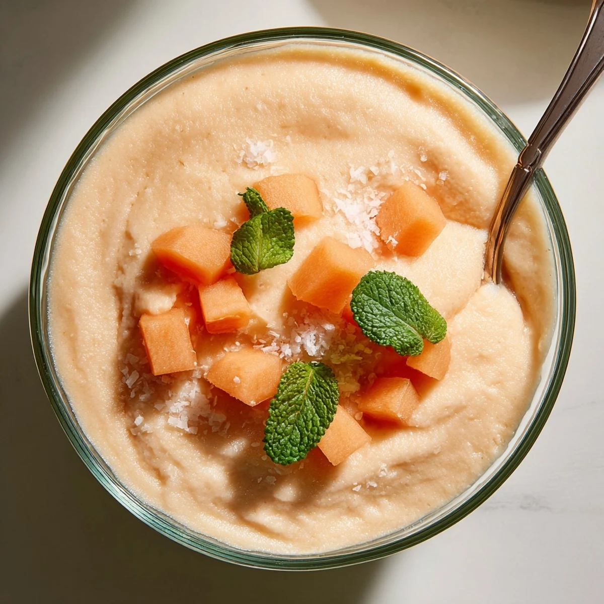 Creamy cantaloupe sea salt cream dessert garnished with fresh mint and flaky salt