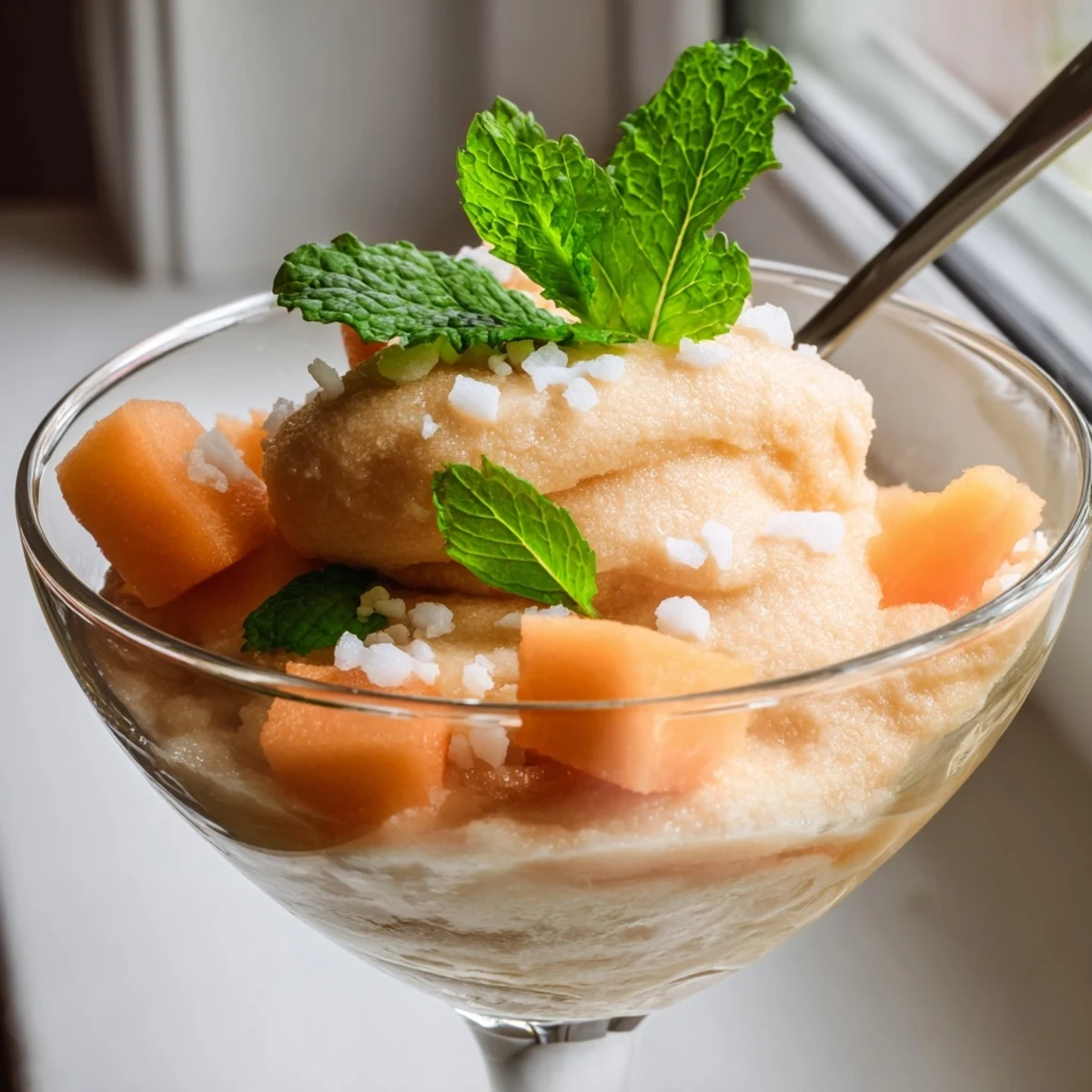 Velvety cantaloupe sea salt cream bowl topped with mint and crunchy sea salt flakes
