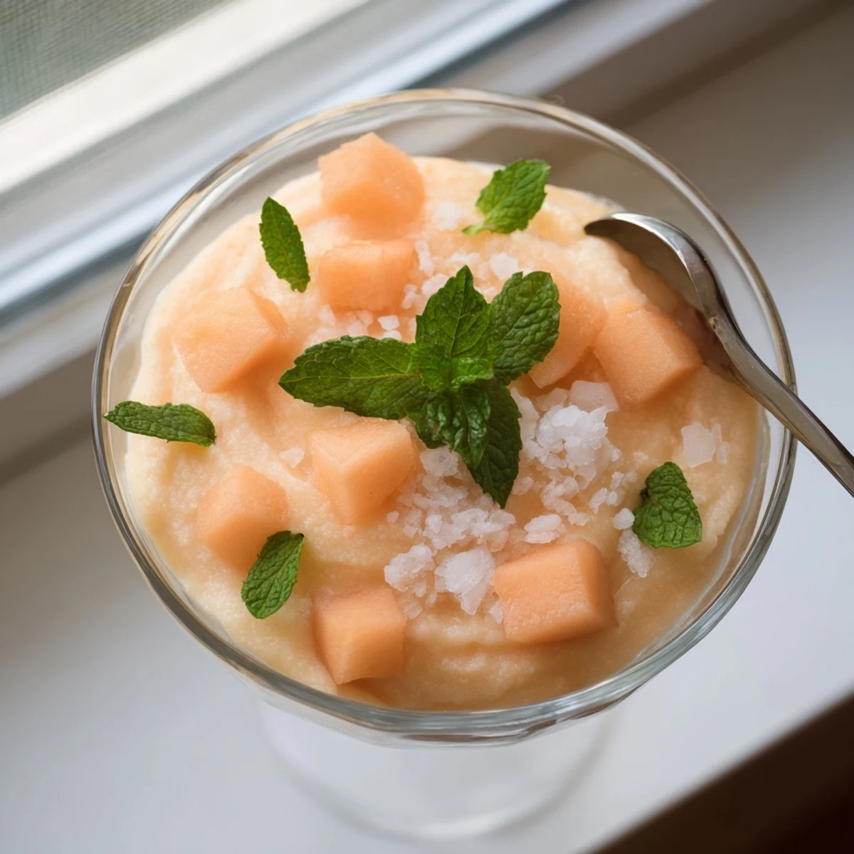 Chilled cantaloupe sea salt cream served in elegant glasses with ripe melon cubes