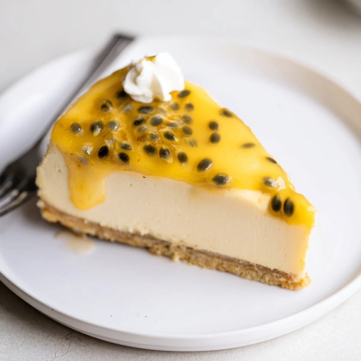 Mouthwatering Passion Fruit Cheesecake with glossy tropical glaze on crumbly graham crust