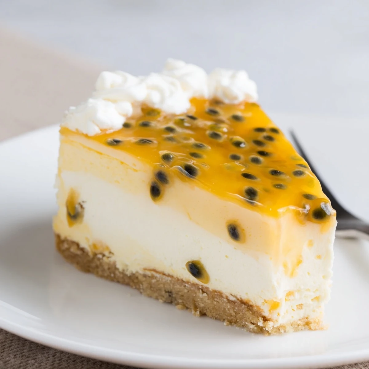 Chilled Passion Fruit Cheesecake showing creamy texture, served on white dessert plate