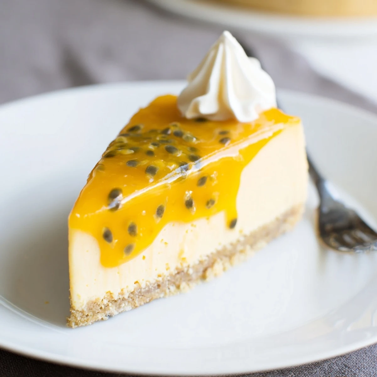 Slice of Passion Fruit Cheesecake crowned with seeds and dollop of whipped cream