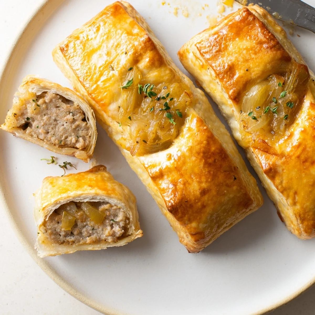 Golden French Onion Sausage Rolls with flaky pastry, caramelized onions steaming.