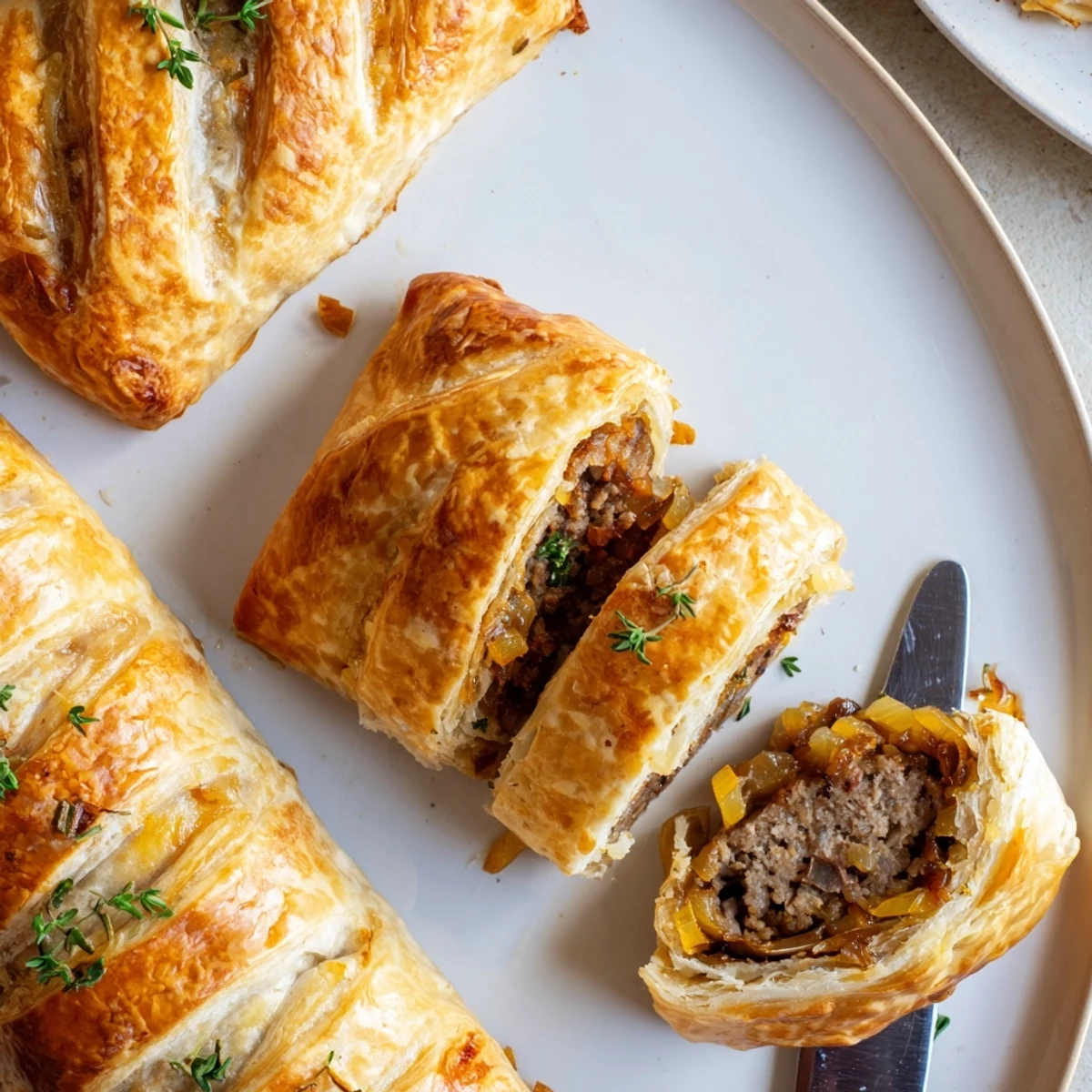 Warm French Onion Sausage Rolls served with tangy Dijon mustard for snacking.