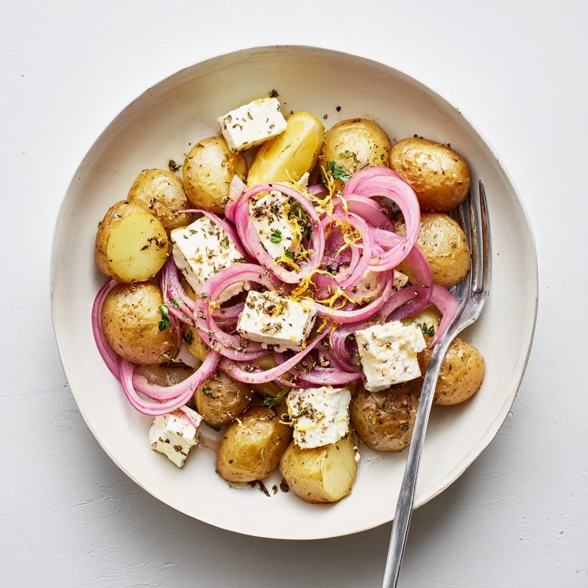 Baked Feta Potatoes with golden roasted skins and melting feta, parsley garnish