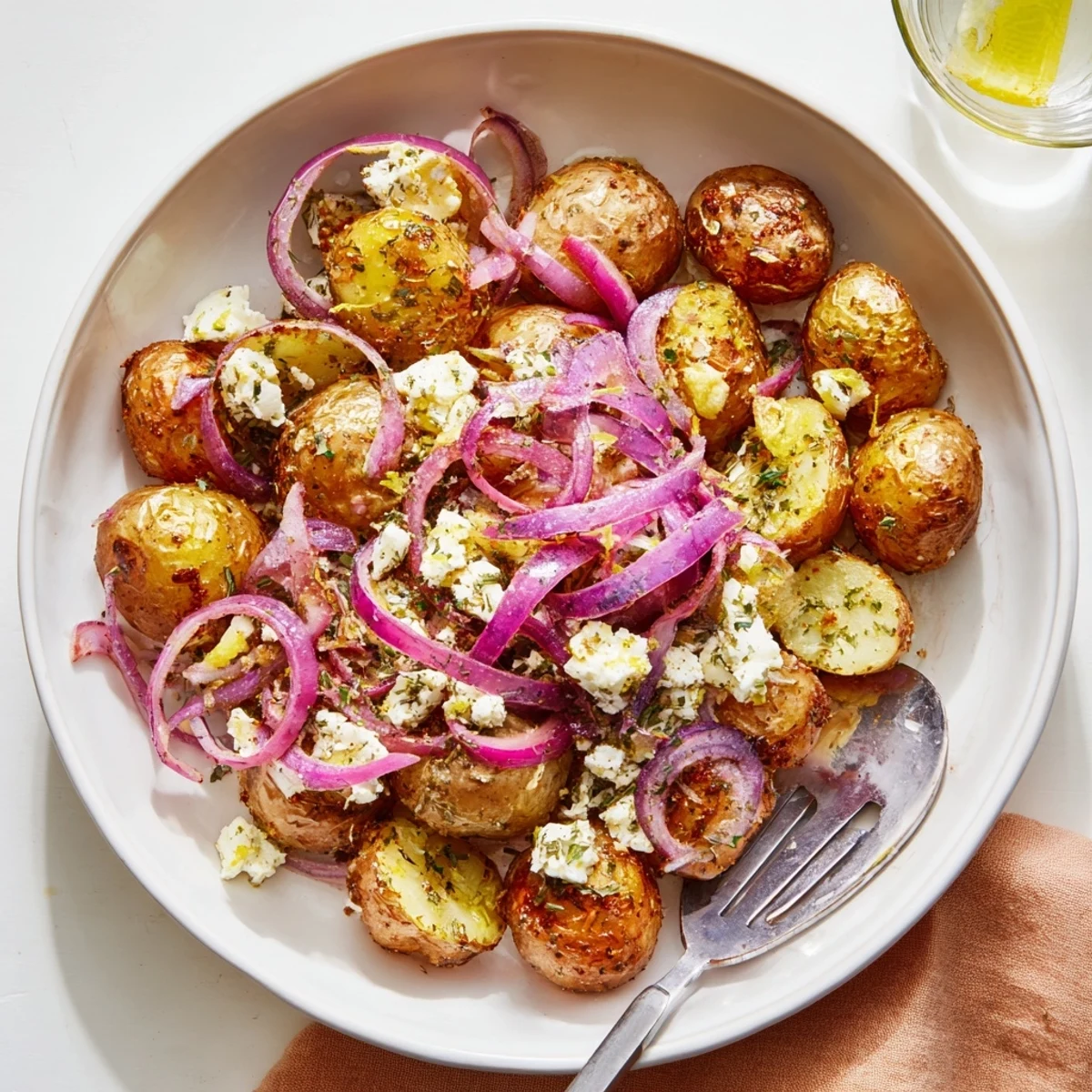 Oven-roasted Baked Feta Potatoes, crisp edges, creamy center, fragrant garlic