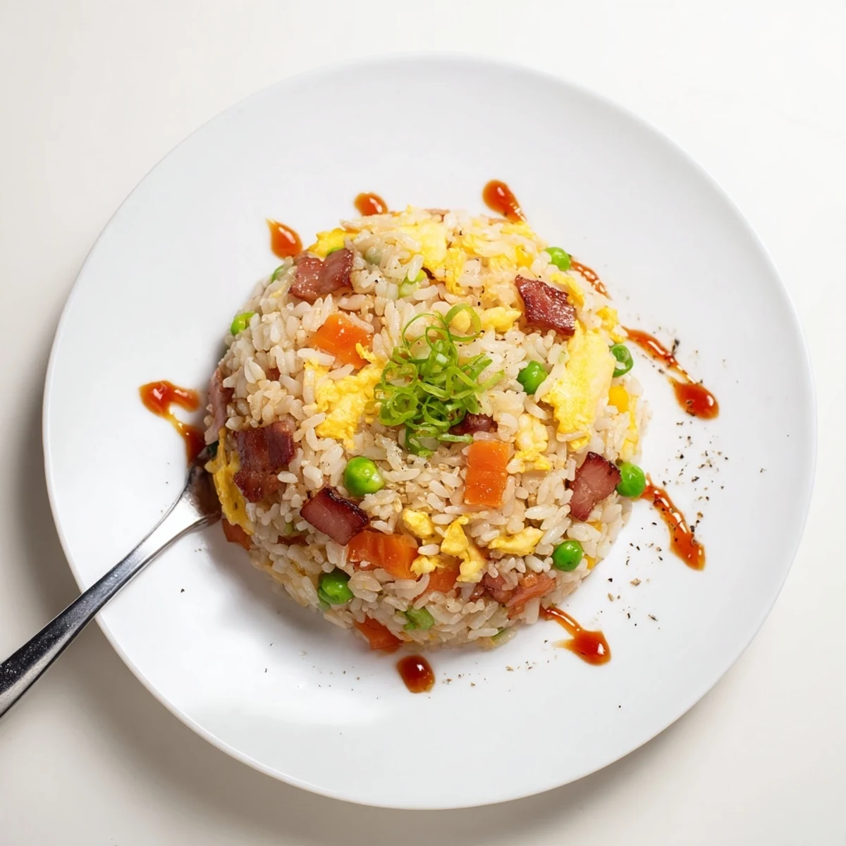 Breakfast Fried Rice with crispy bacon and scrambled eggs, steaming on plate