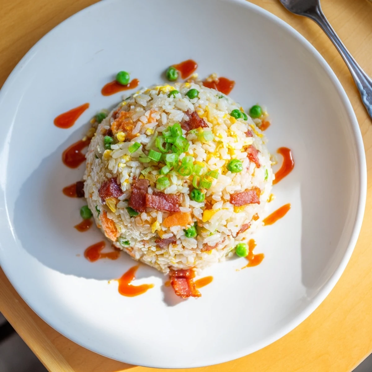 Steam rising from Breakfast Fried Rice, garnished with green onions and sriracha