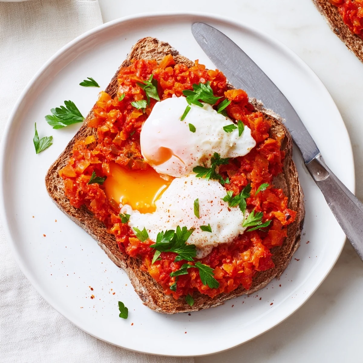 Shakshouka Toast with runny eggs over vibrant spiced tomato and pepper sauce.