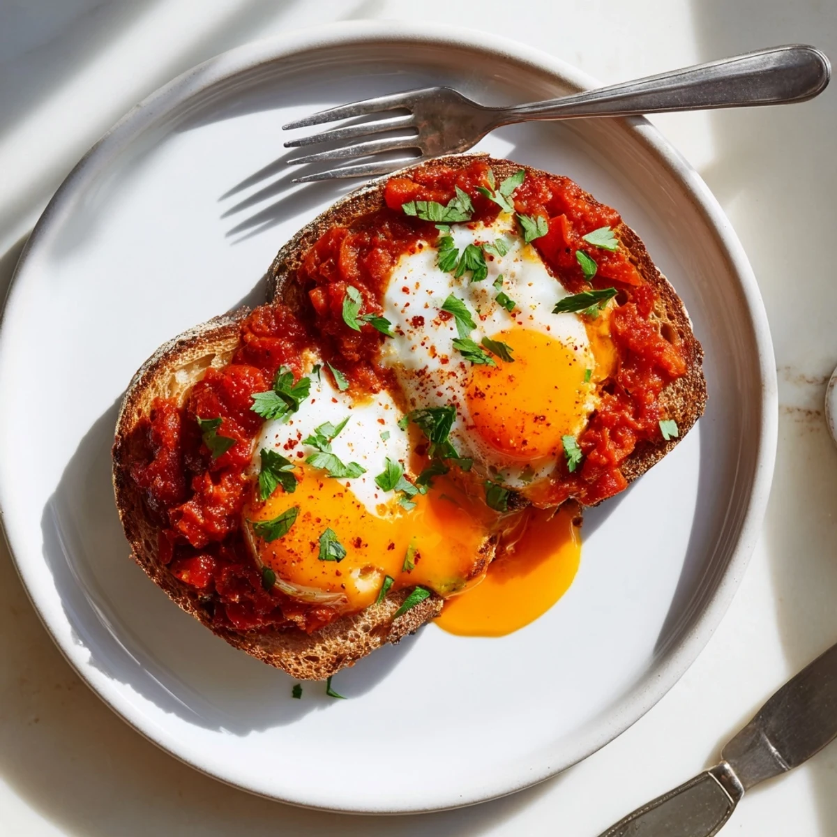Warm Shakshouka Toast on crusty bread, fragrant paprika, parsley garnish.