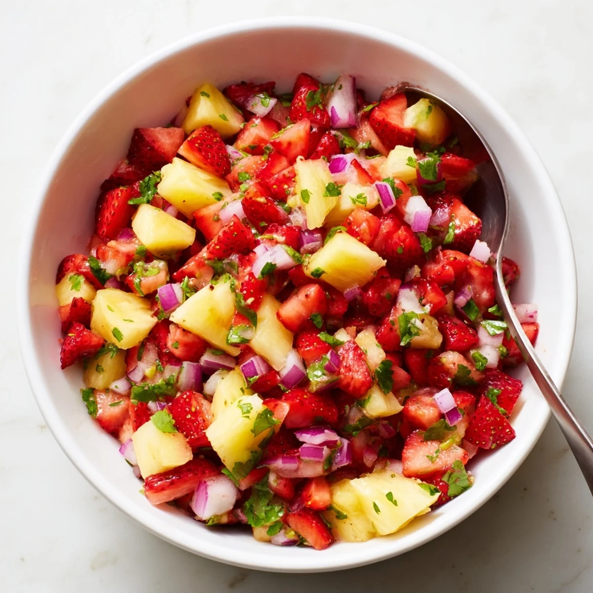 Strawberry Pineapple Salsa piled in bowl, vibrant red and yellow, zesty lime.