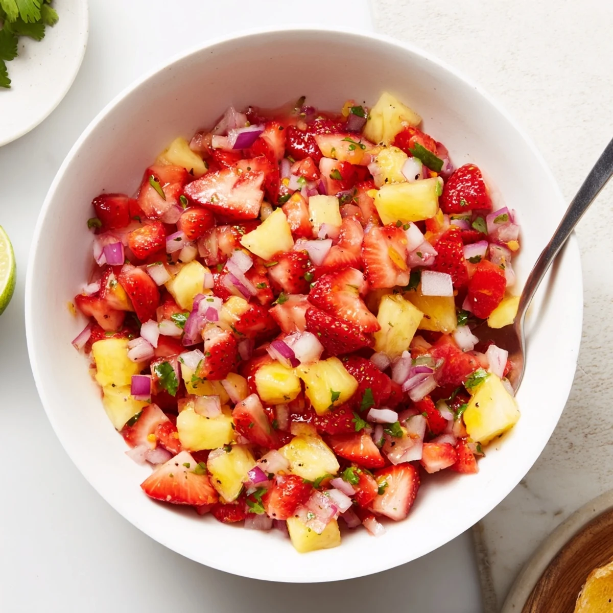 Fresh Strawberry Pineapple Salsa with jalapeño flecks, served with crunchy tortilla chips.