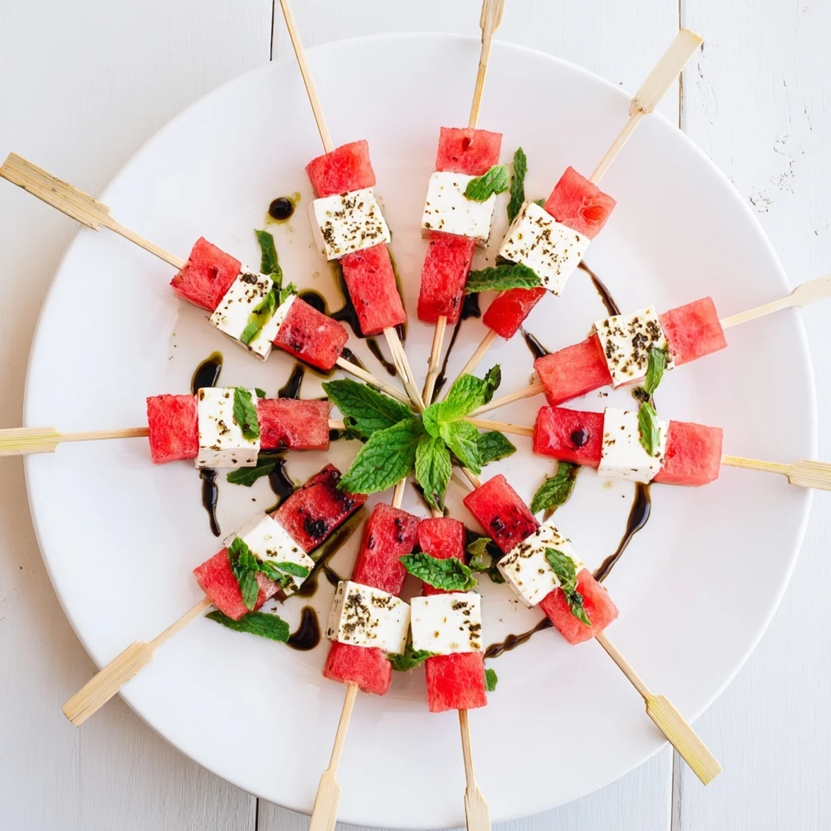 Watermelon Feta And Mint Skewers chilled on a platter, glistening with olive oil