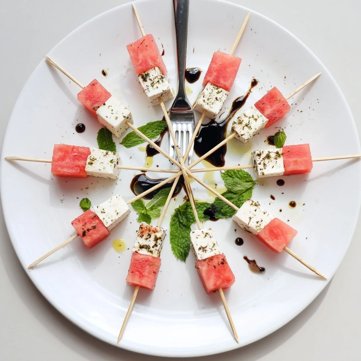Bright Watermelon Feta And Mint Skewers threaded on bamboo, ready to serve