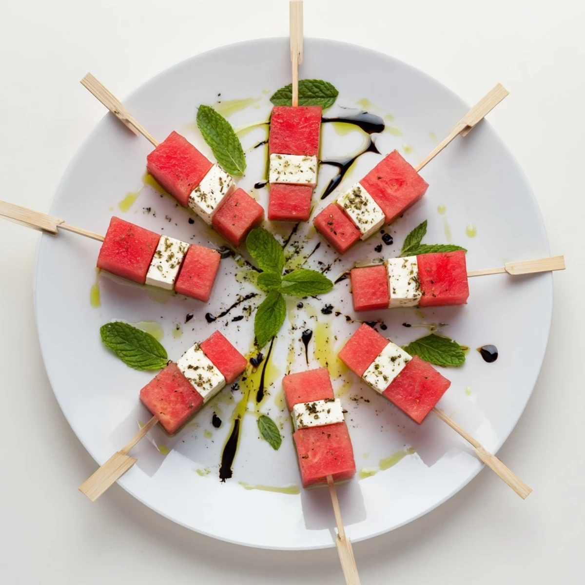 Colorful Watermelon Feta And Mint Skewers sprinkled with black pepper, drizzled with balsamic