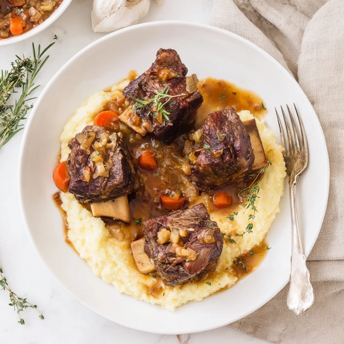 Glossy sauce and caramelized onions crown Slow Cooker Short Ribs on platter