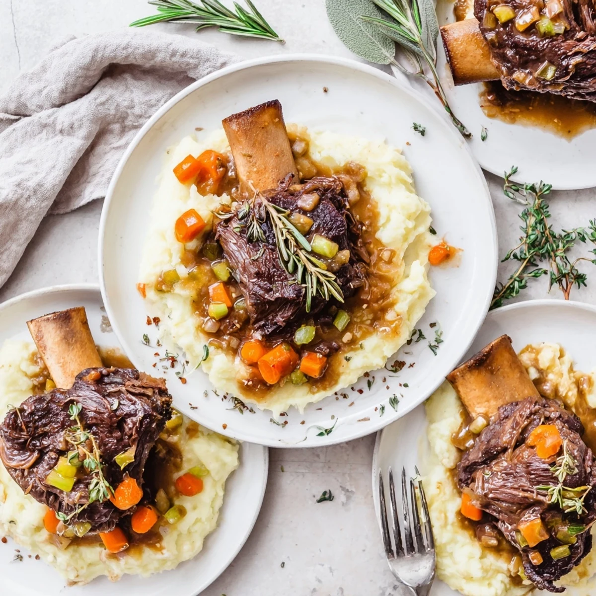 Steaming bowl of creamy mashed potatoes topped with savory Slow Cooker Short Ribs