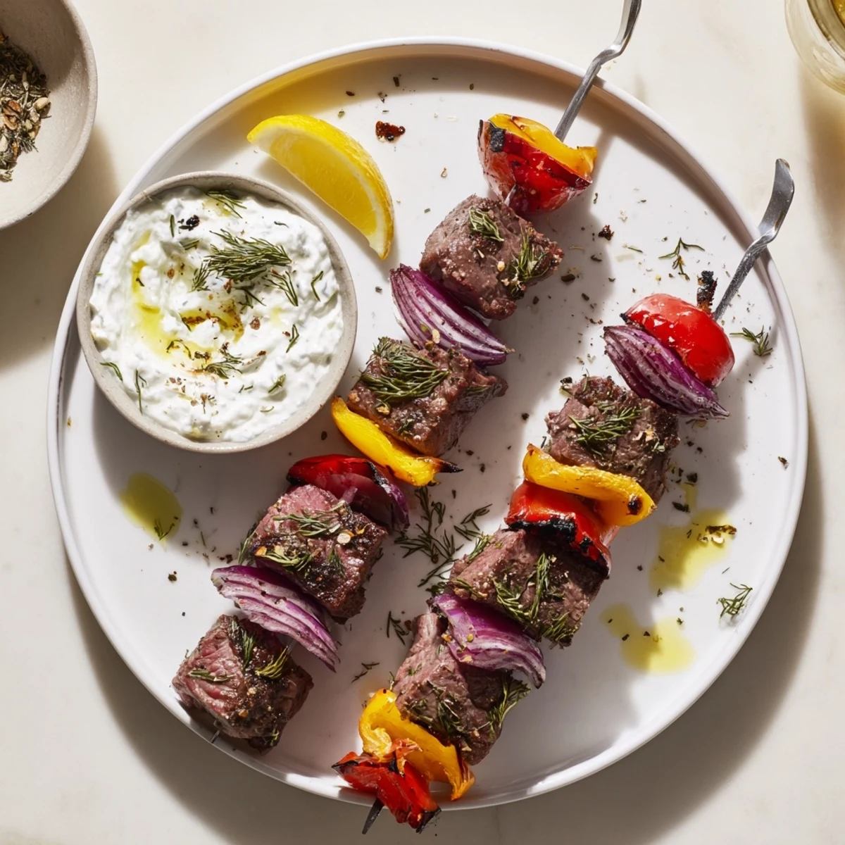 Baked or Grilled Greek Beef Kabobs With Whipped Feta Tzatziki Dip hot off grill