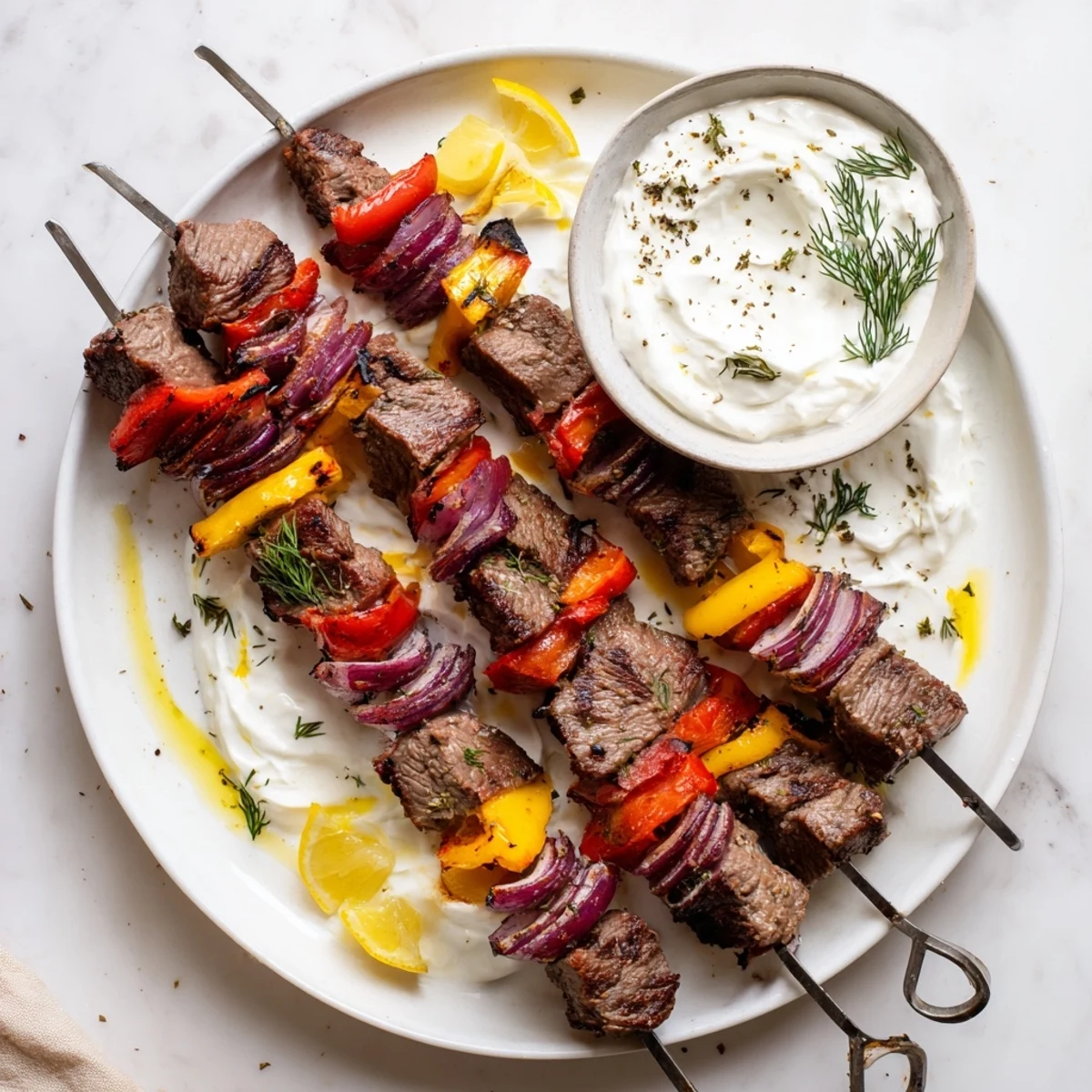 Baked or Grilled Greek Beef Kabobs With Whipped Feta Tzatziki Dip with warm pita