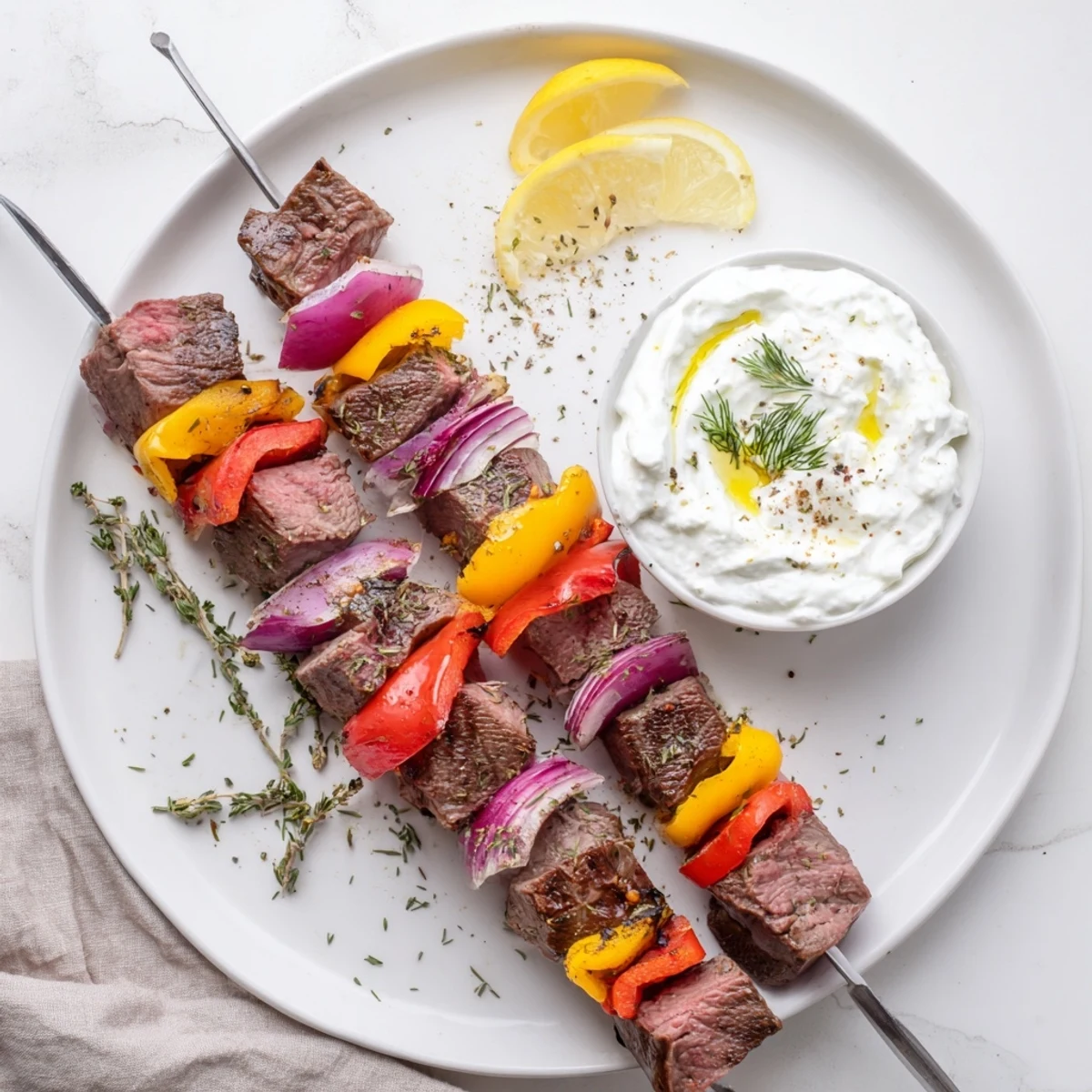 Baked or Grilled Greek Beef Kabobs With Whipped Feta Tzatziki Dip with lemon zest