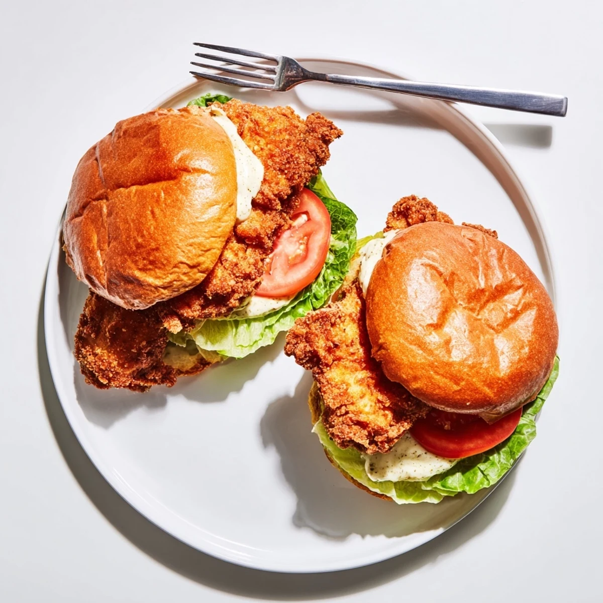 Crispy Chicken Sandwich With Caesar Dressing on toasted brioche, golden crunchy chicken