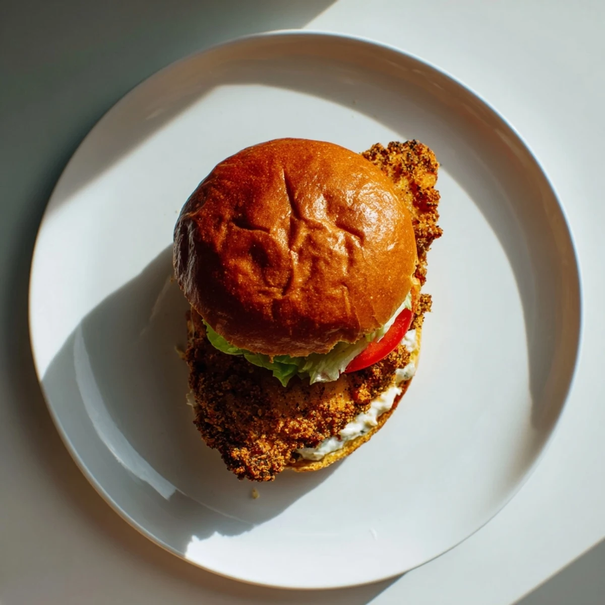 Close-up of Crispy Chicken Sandwich With Caesar Dressing, romaine, tomato, creamy Parmesan