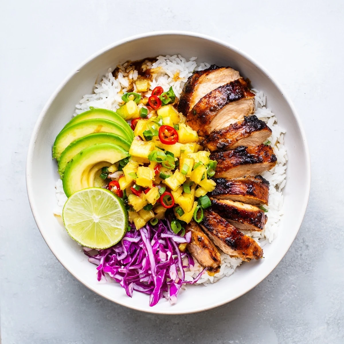 Steaming jasmine rice topped with sliced thighs in Jerk Chicken Bowl With Pineapple Salsa