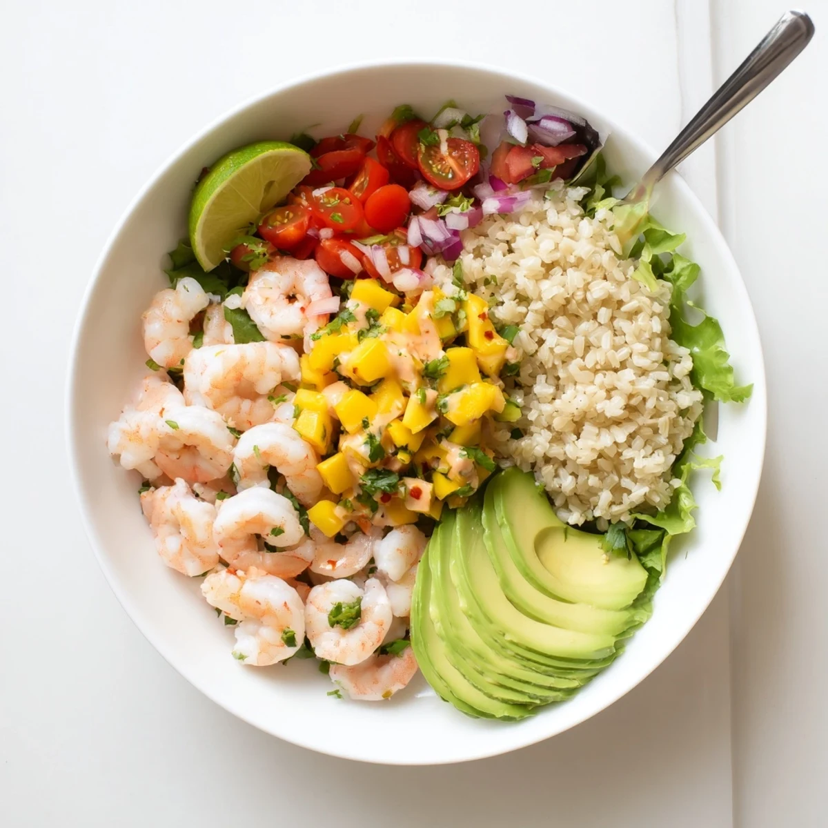 Grilled, zesty Shrimp And Avocado Bowls With Mango Salsa Lime Chili Sauce, vibrant