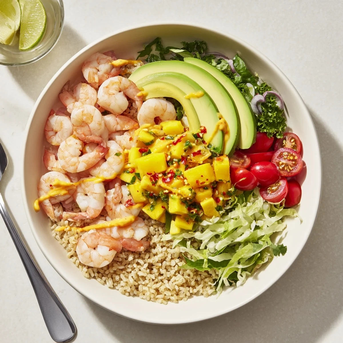 Citrusy, creamy Shrimp And Avocado Bowls With Mango Salsa Lime Chili Sauce, ready-to-eat