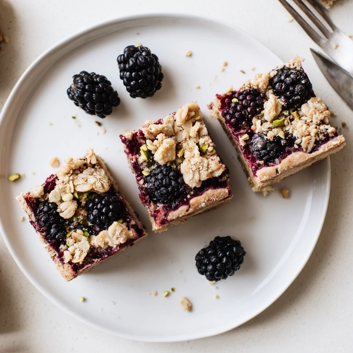 Blackberry Pistachio Bars with golden streusel, juicy filling, served warm