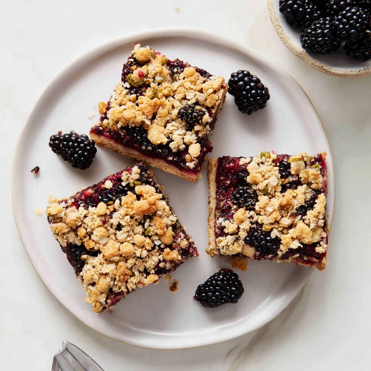 Freshly cooled Blackberry Pistachio Bars dusted with powdered sugar, ready for picnics