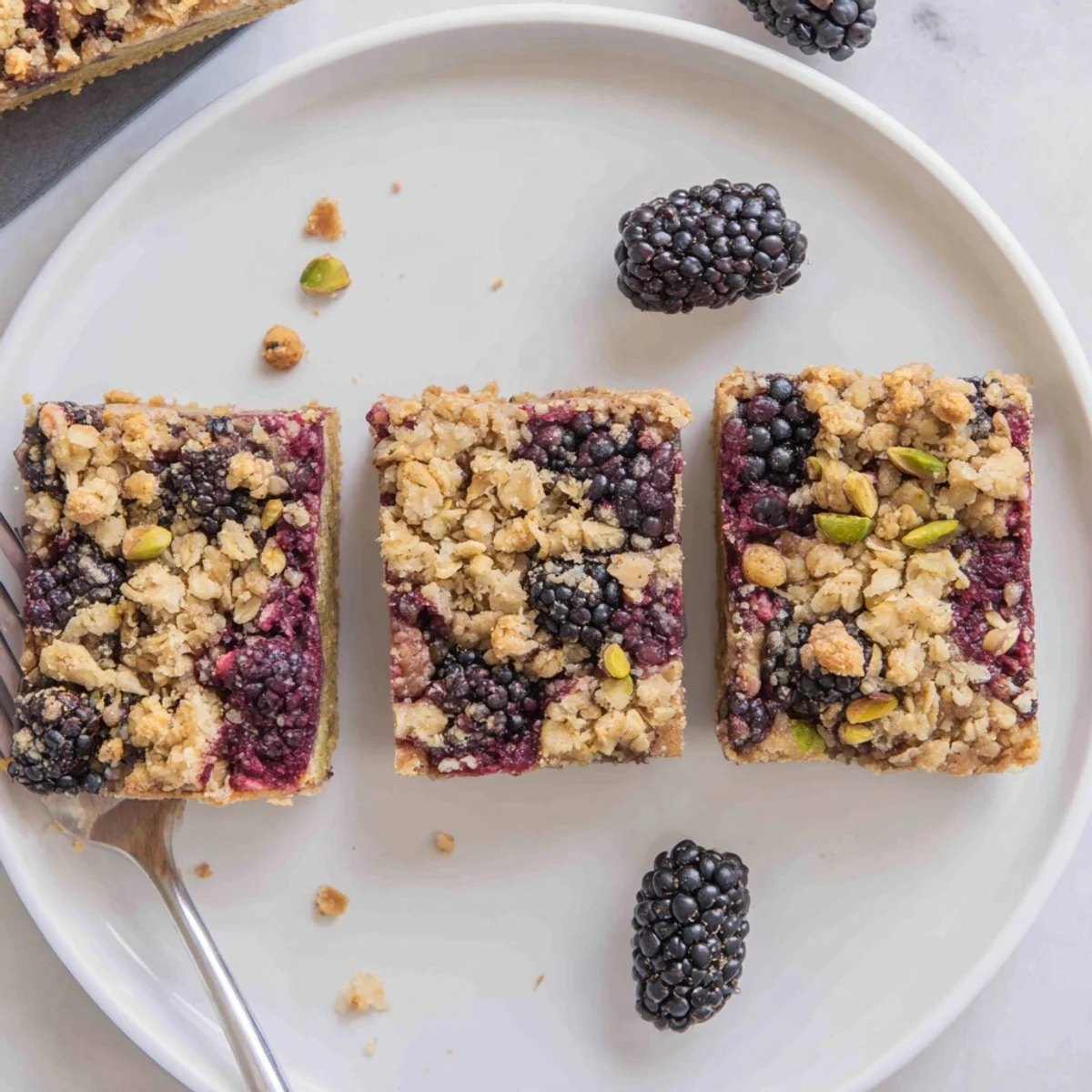 Close up of Blackberry Pistachio Bars showing buttery pistachio shortbread and bubbling filling