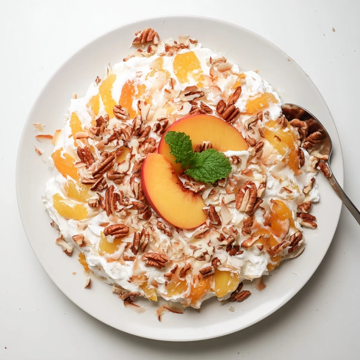 Millionaire Peach Salad with crunchy nutty layer and fresh mint garnish