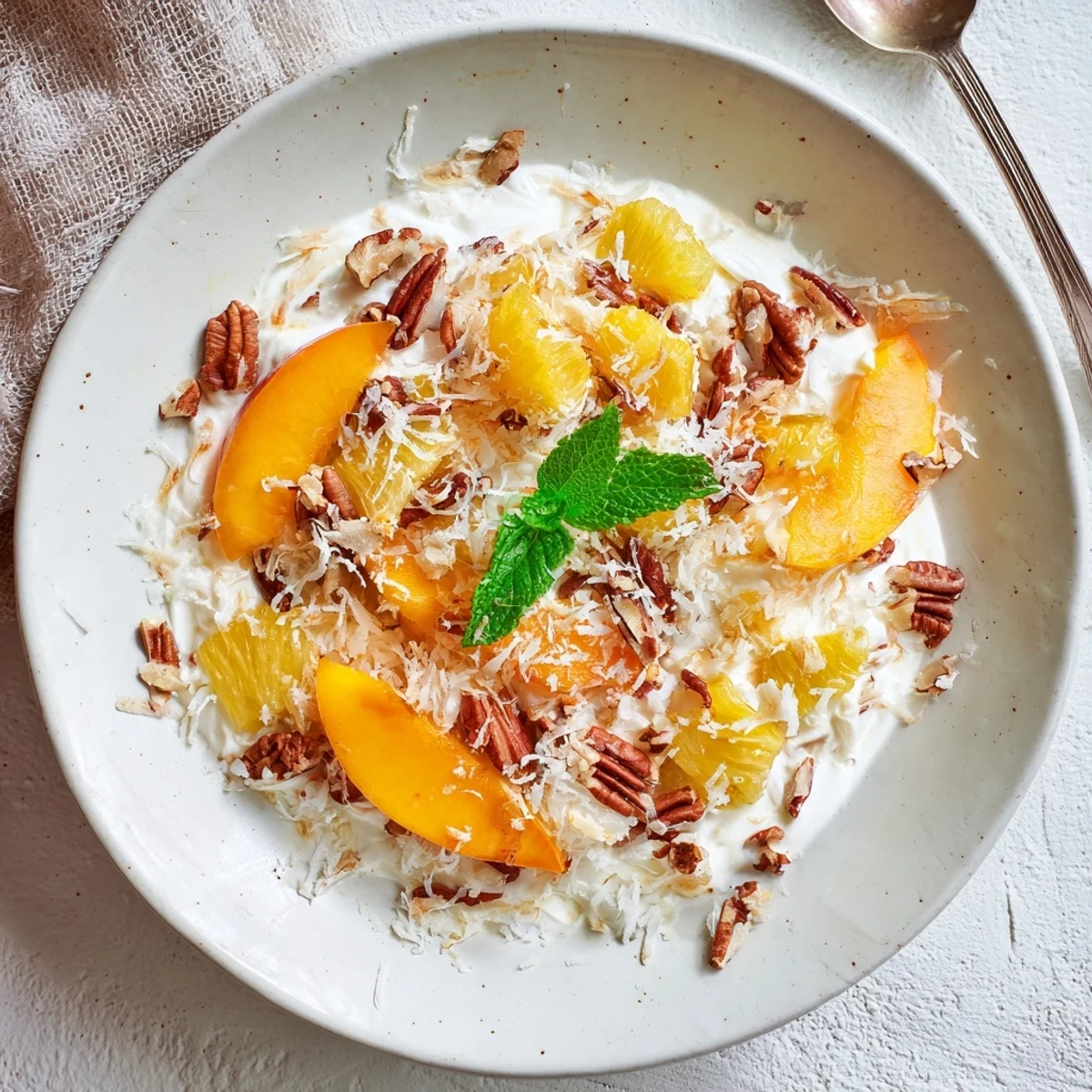 A bowl of Millionaire Peach Salad chilled, showcasing juicy peach slices and mint