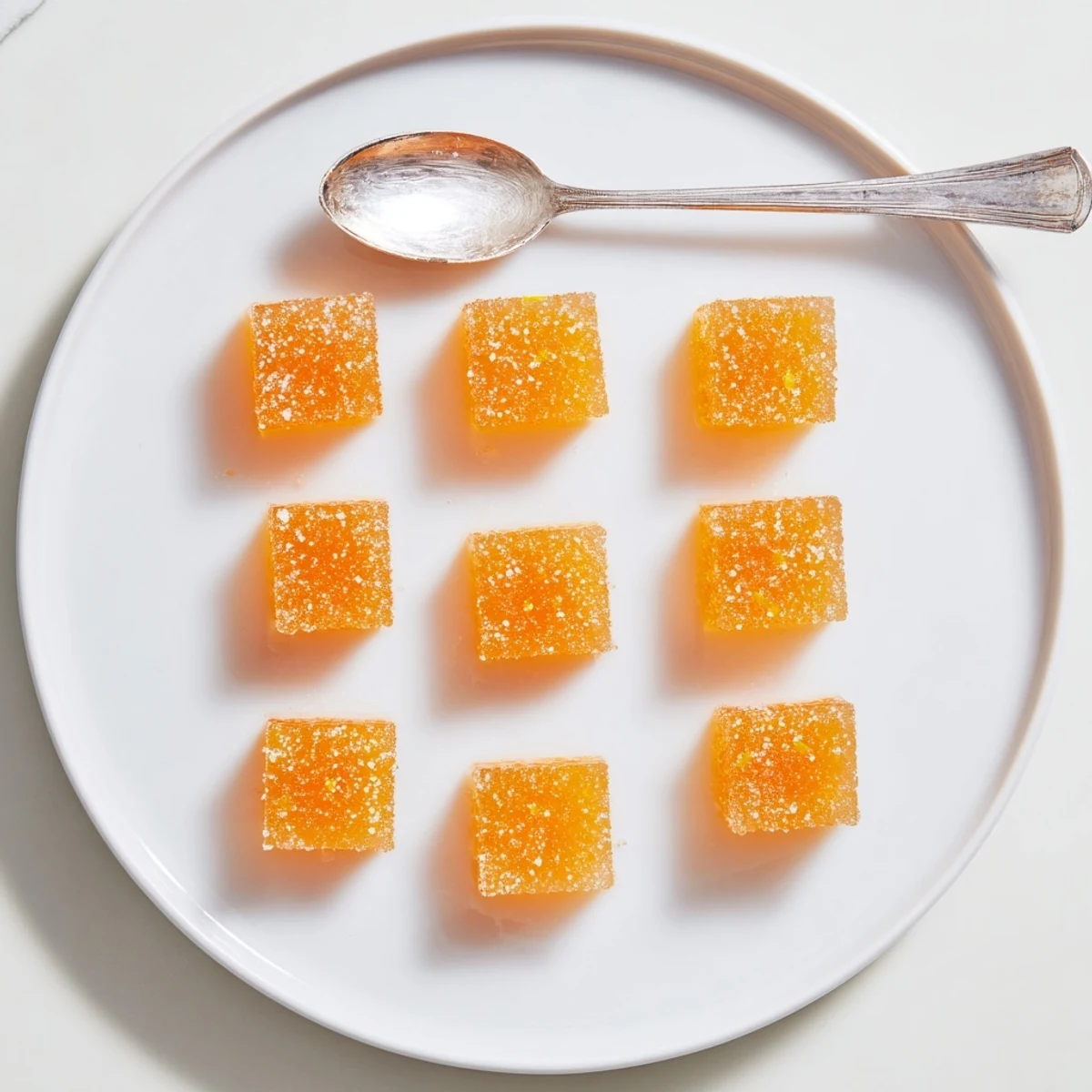 Close-up of Classic Homemade Orange Candy Recipe squares dusted with sparkling sugar