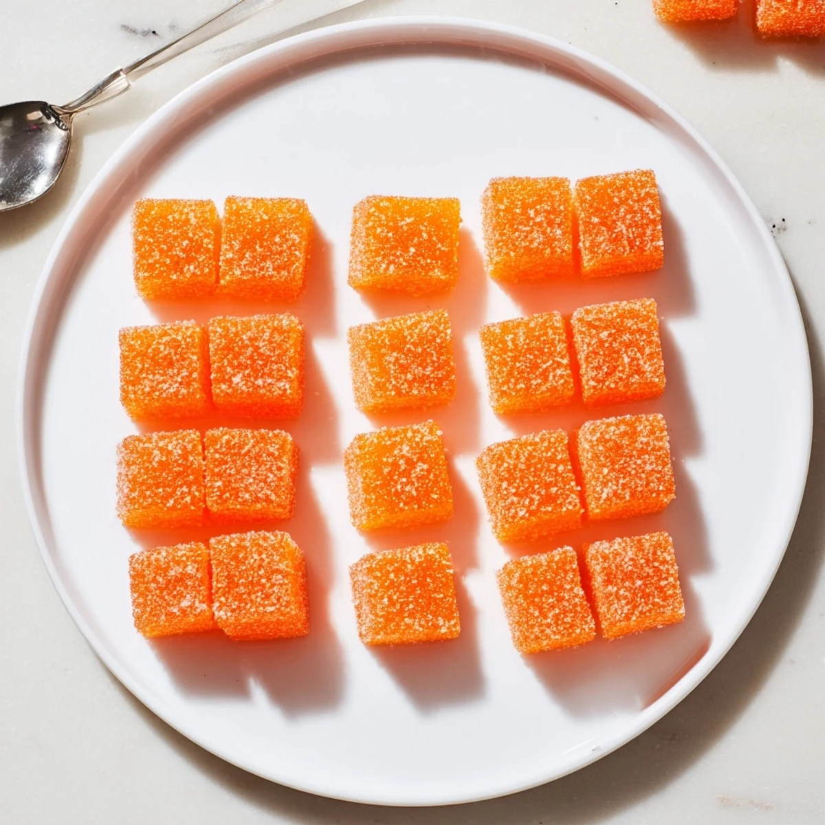 Pan-cut Classic Homemade Orange Candy Recipe squares glisten, offering chewy, tangy citrus aroma
