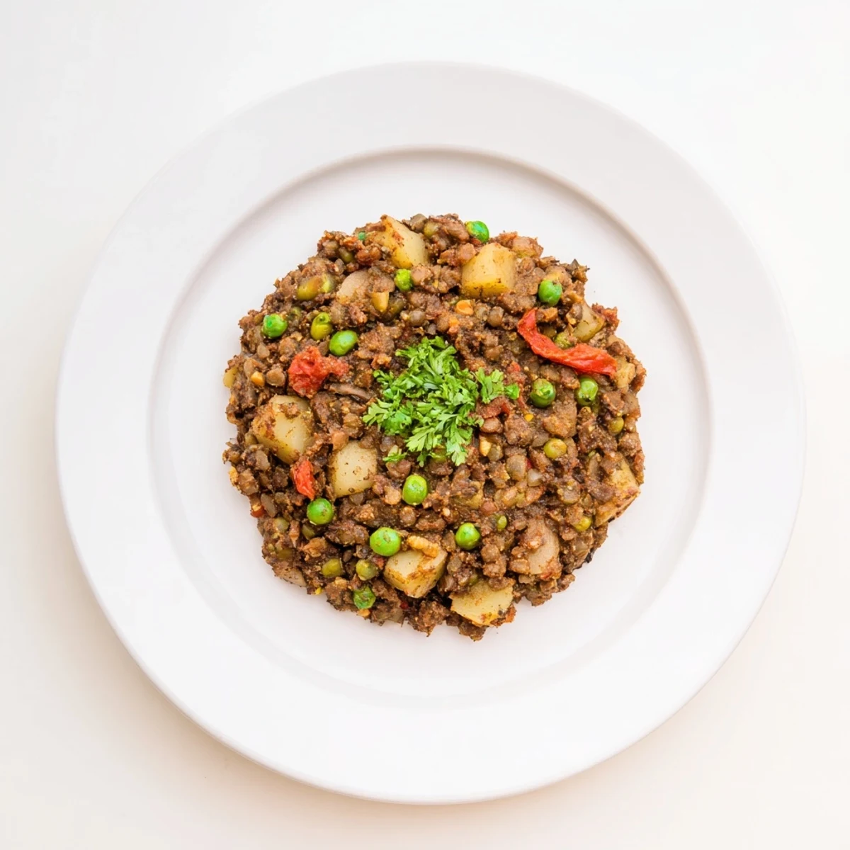 Savory Potato Mince topped with cilantro, a squeeze of lemon, served with naan