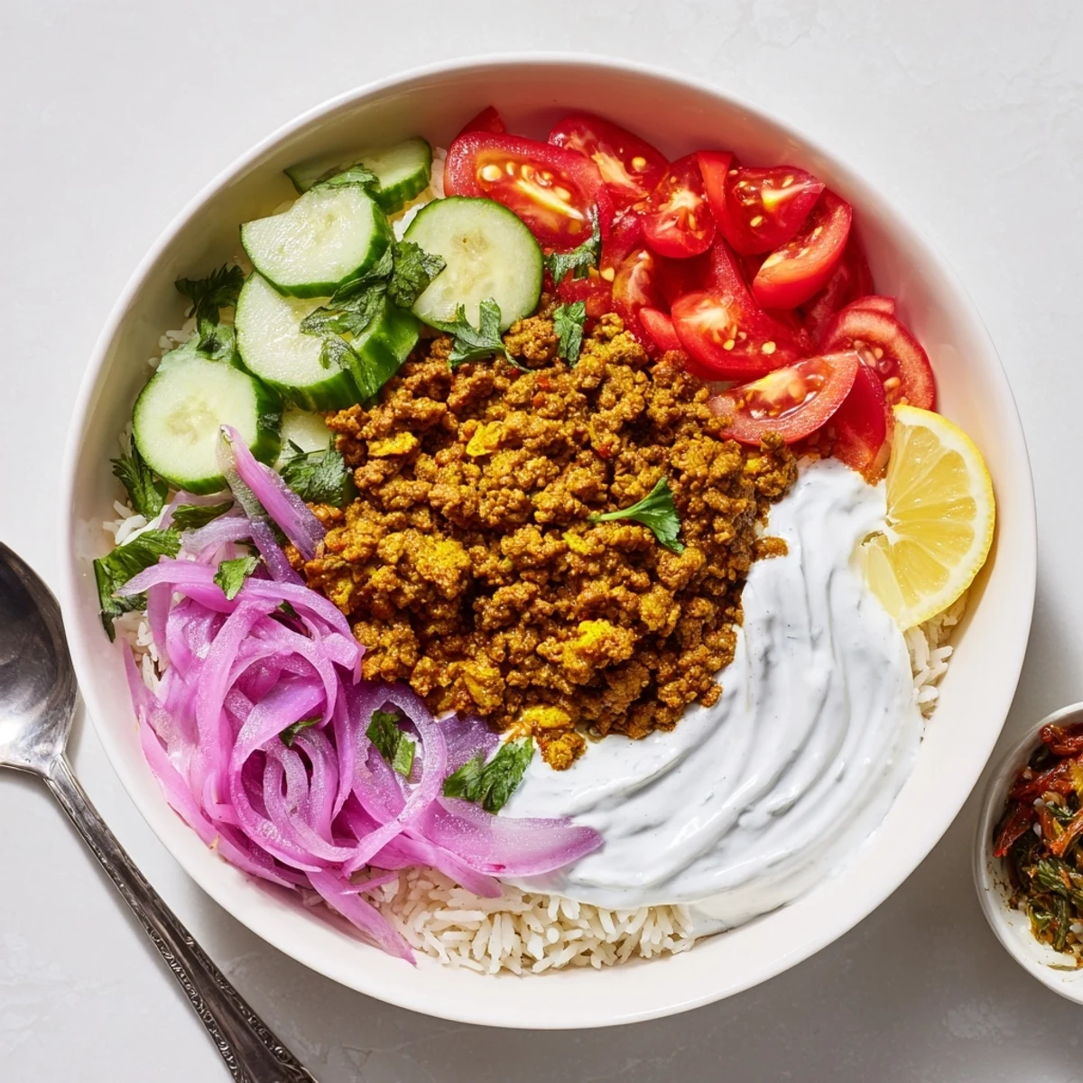 Ground Beef Shawarma Bowls with fragrant turmeric rice, spiced beef, creamy garlic yogurt