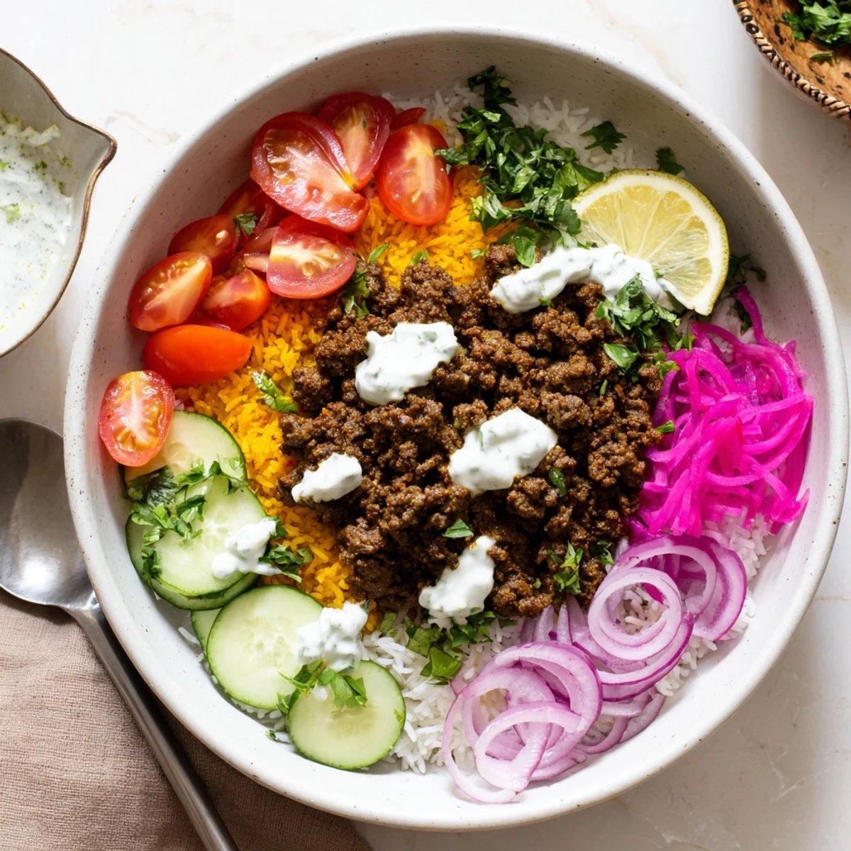 Bright Ground Beef Shawarma Bowls topped with crisp cucumber, cherry tomatoes, lemon wedge