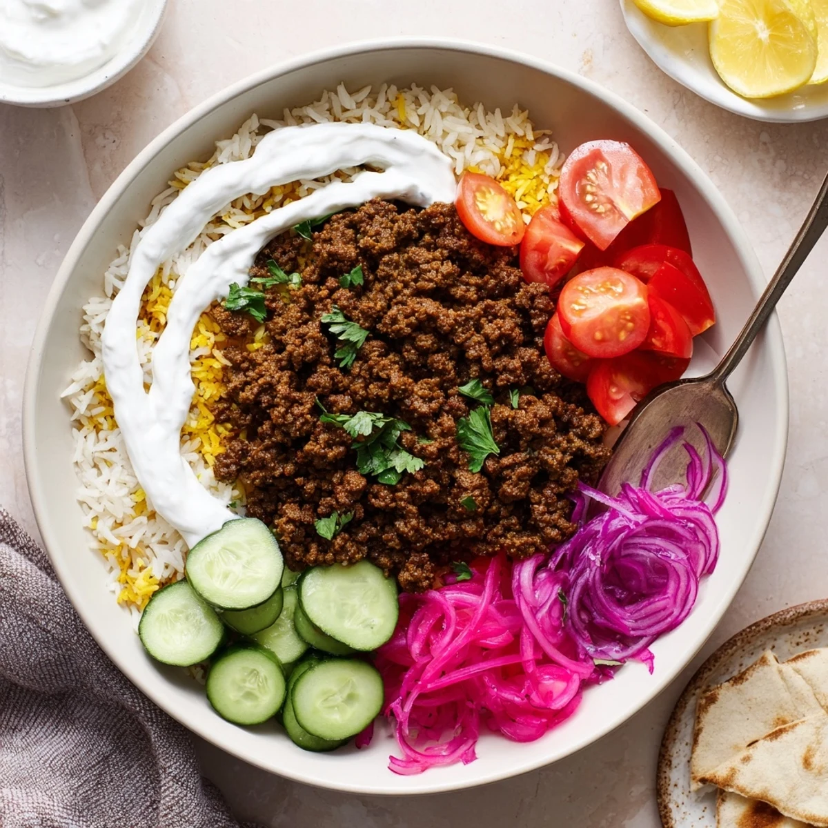 Weeknight-ready Ground Beef Shawarma Bowls steaming hot, aromatic spices, parsley garnish