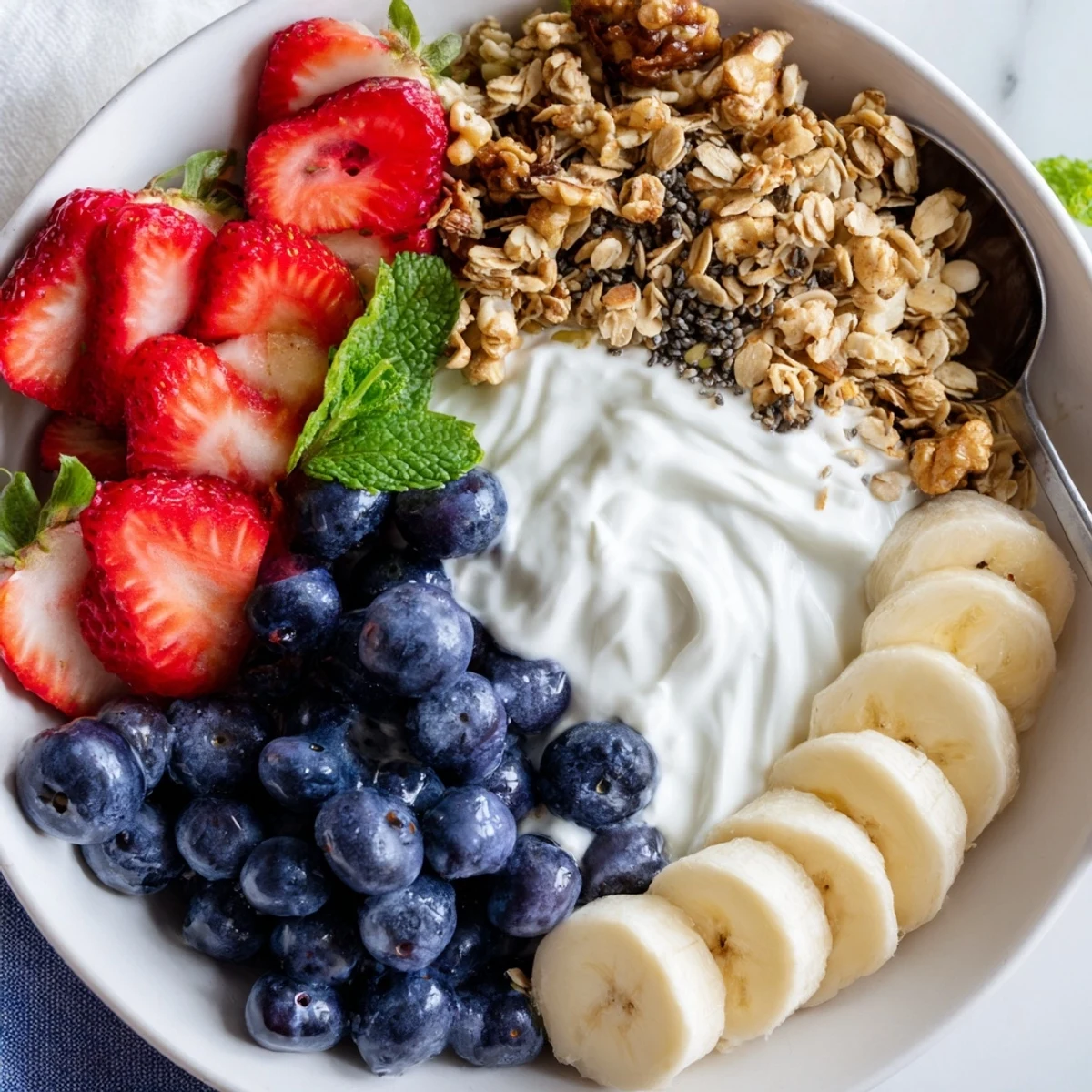 Blueberry Breakfast Salad Recipe with creamy Greek yogurt and crunchy granola drizzle