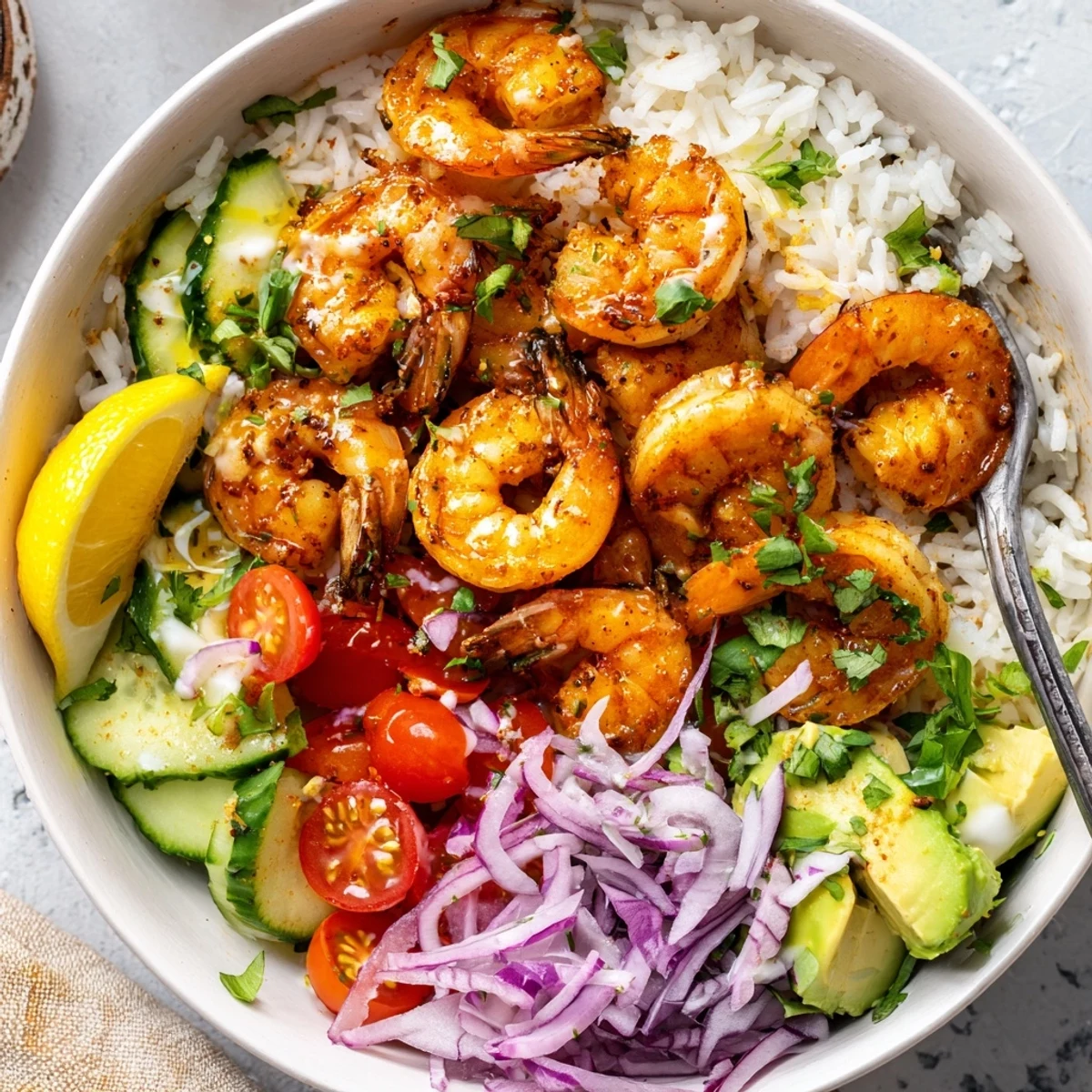 Fluffy jasmine rice, crisp cucumber, and garlic shrimp make this Garlic Shrimp Bowl