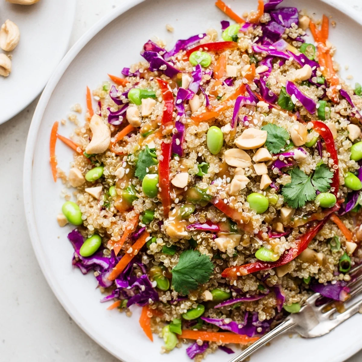 Bowl of Asian Dressing Quinoa Salad chilled, colorful veggies, toasted peanut crunch