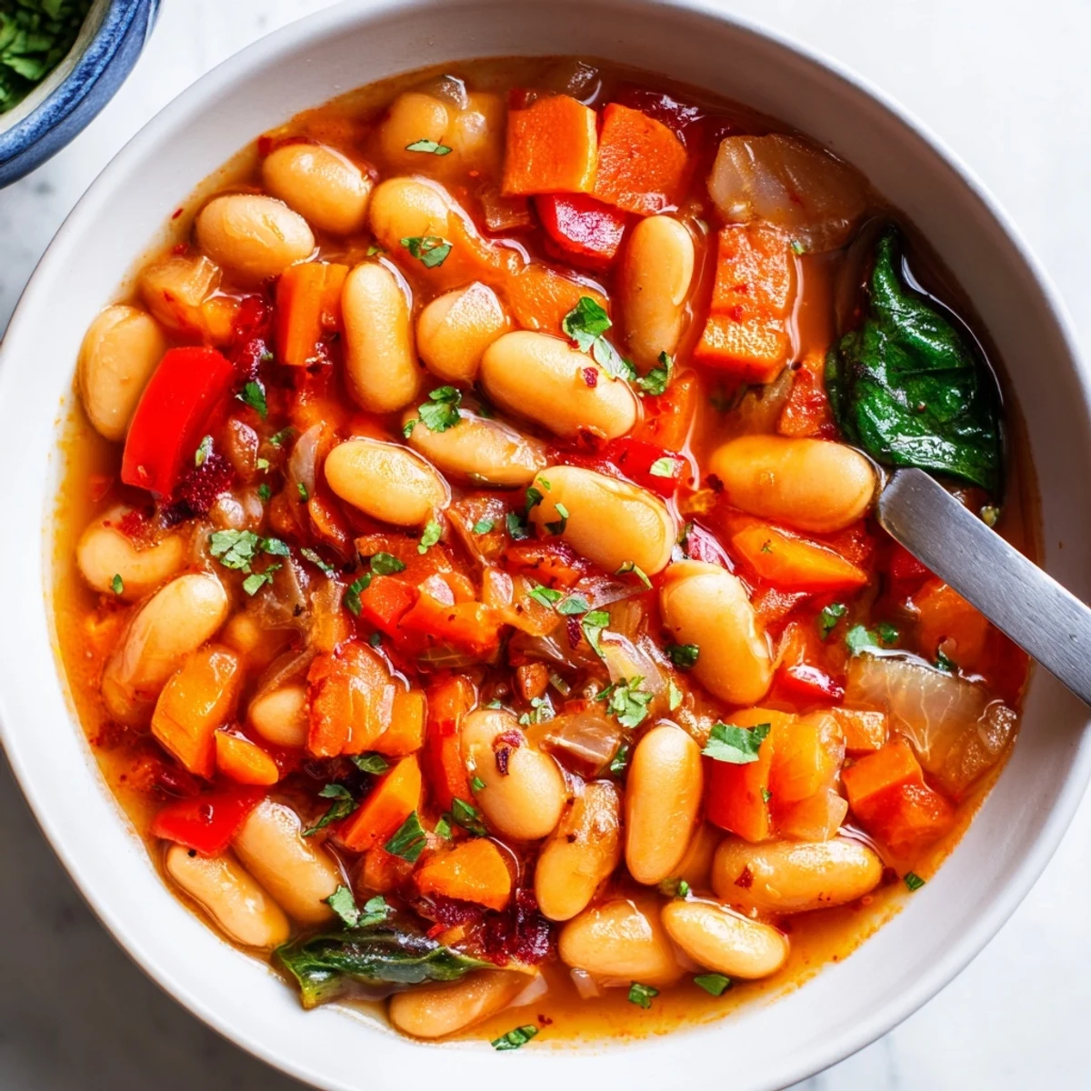 Spanish Butter Bean Stew Recipe steaming in bowl, parsley and olive oil drizzle
