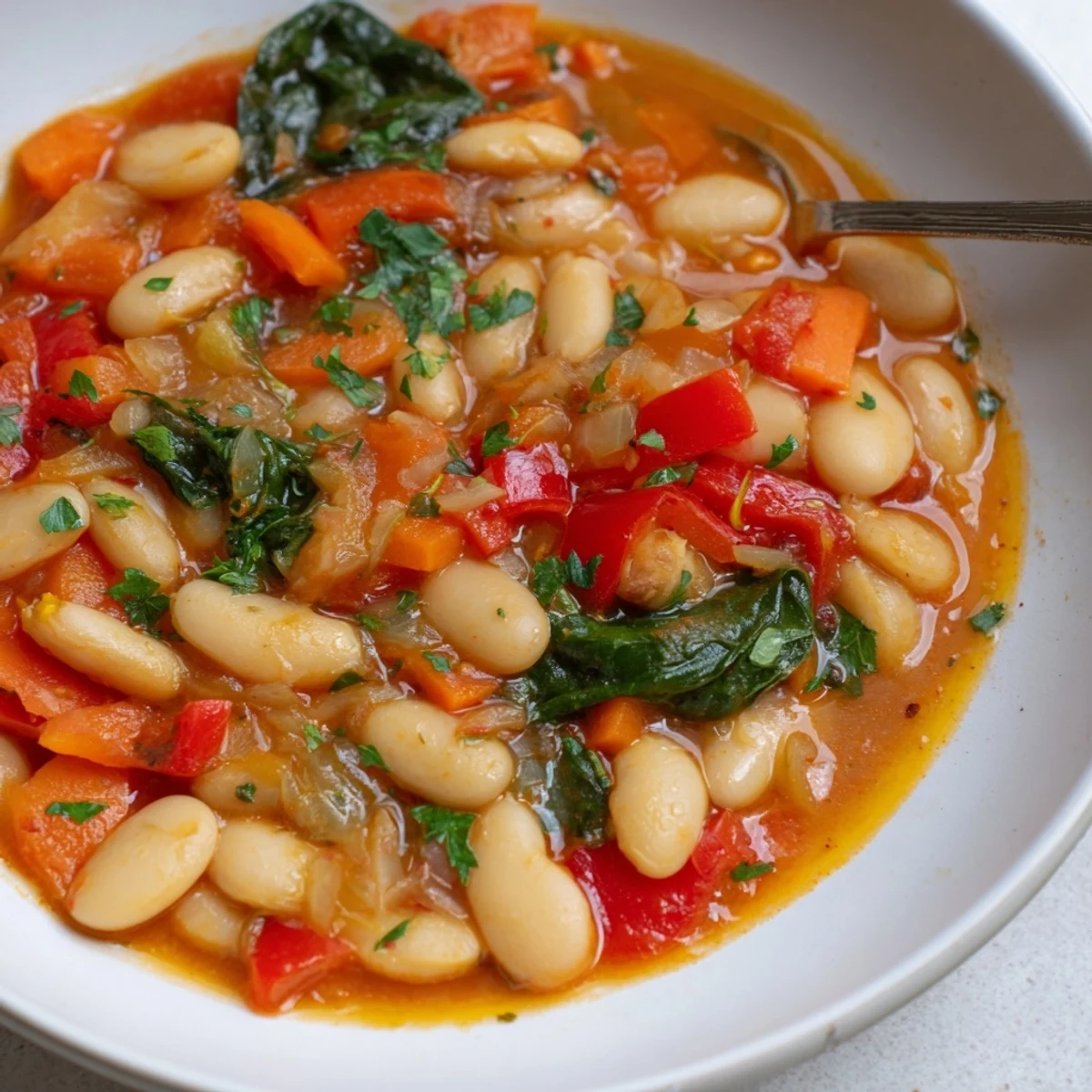 Bright Spanish Butter Bean Stew Recipe simmered in pot, spinach wilting