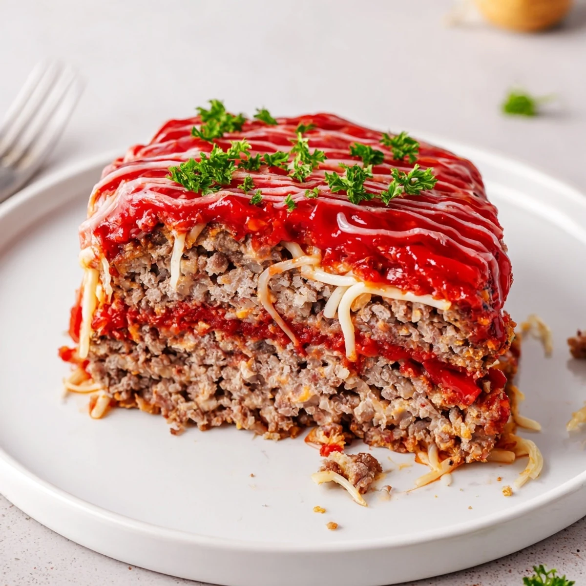Pizza Meatloaf sliced on wooden board, melted cheese and pepperoni glistening