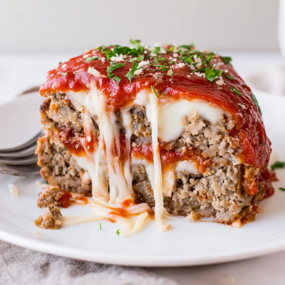 Warm Pizza Meatloaf fresh from oven, bubbling tomato sauce and fragrant herbs